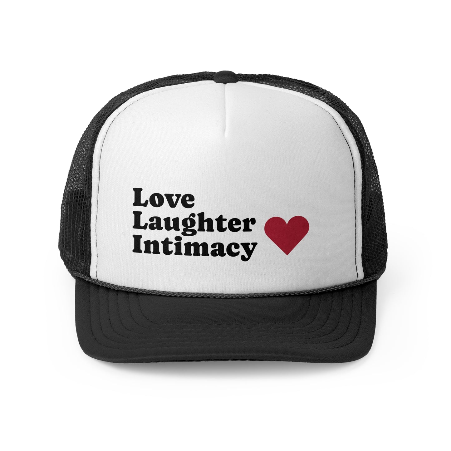 Love Laughter Intimacy Trucker Cap, Casual Hat, Gift for Friends, Festival Outfit, Summer Accessory, Heart Design Cap