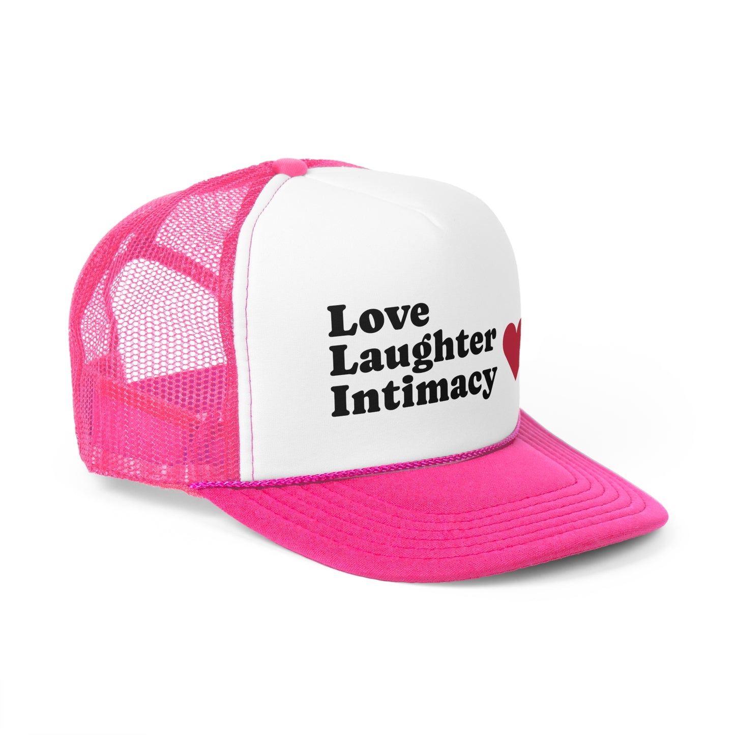 Love Laughter Intimacy Trucker Cap, Casual Hat, Gift for Friends, Festival Outfit, Summer Accessory, Heart Design Cap