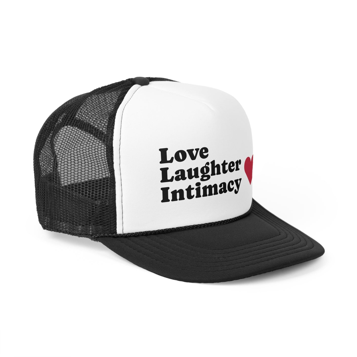 Love Laughter Intimacy Trucker Cap, Casual Hat, Gift for Friends, Festival Outfit, Summer Accessory, Heart Design Cap