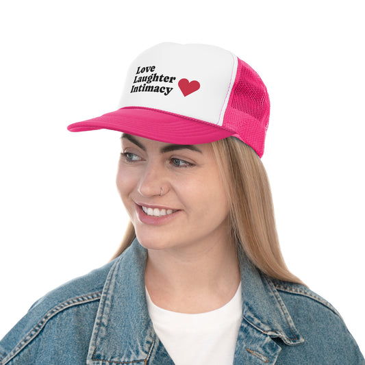 Love Laughter Intimacy Trucker Cap, Casual Hat, Gift for Friends, Festival Outfit, Summer Accessory, Heart Design Cap