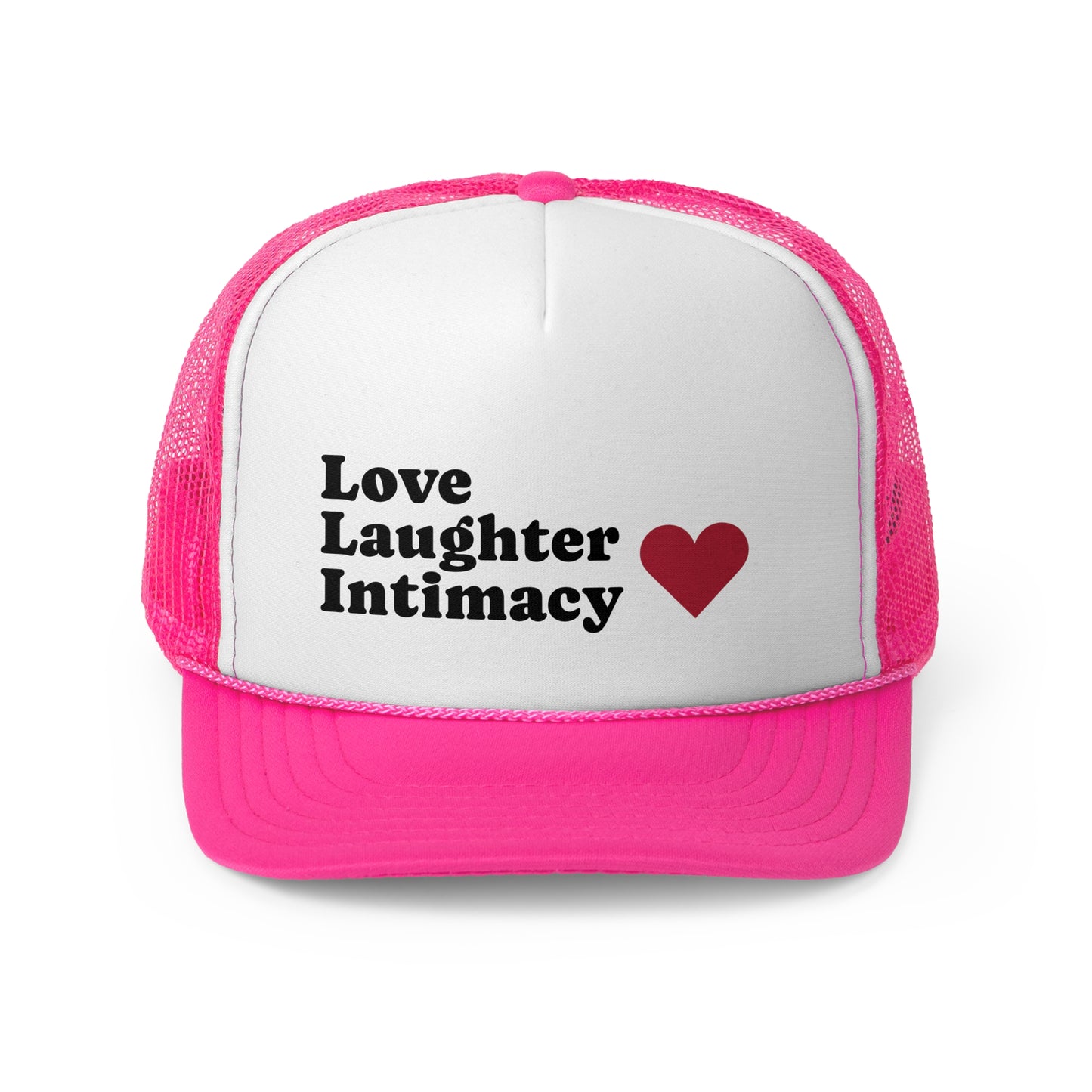 Love Laughter Intimacy Trucker Cap, Casual Hat, Gift for Friends, Festival Outfit, Summer Accessory, Heart Design Cap
