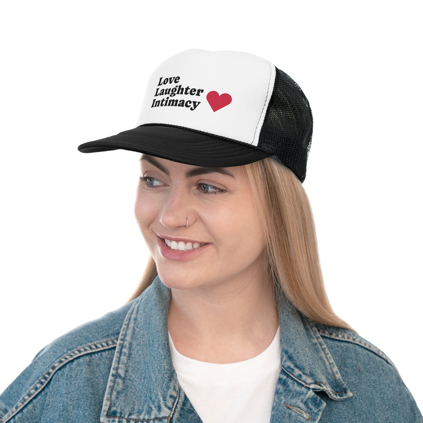 Love Laughter Intimacy Trucker Cap, Casual Hat, Gift for Friends, Festival Outfit, Summer Accessory, Heart Design Cap